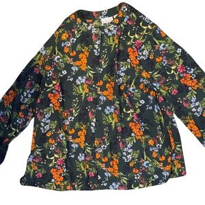 Vintage  Dark Green Floral Blouse with Orange, Pink & Blue Accents
